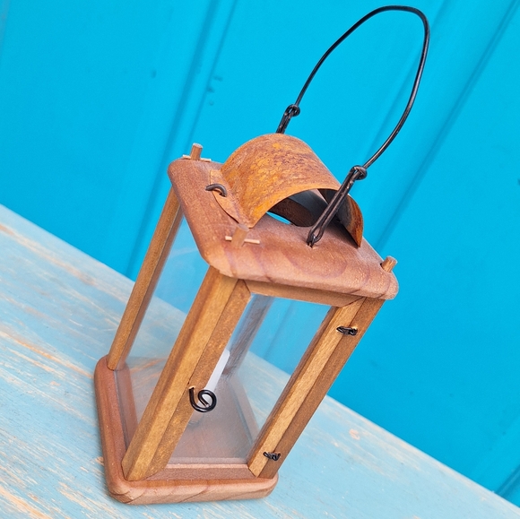 Lantern Wooden Primitive Handmade Hanging Candle Holder with Metal Small Little - Picture 14 of 17